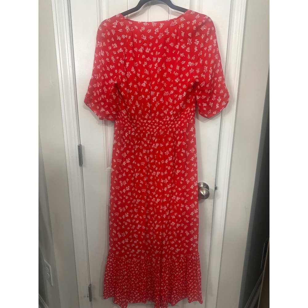 French Connection Red Floral V-Neck Midi Dress Empire Waist Ruffle Hem Size 6 - Picture 8 of 12